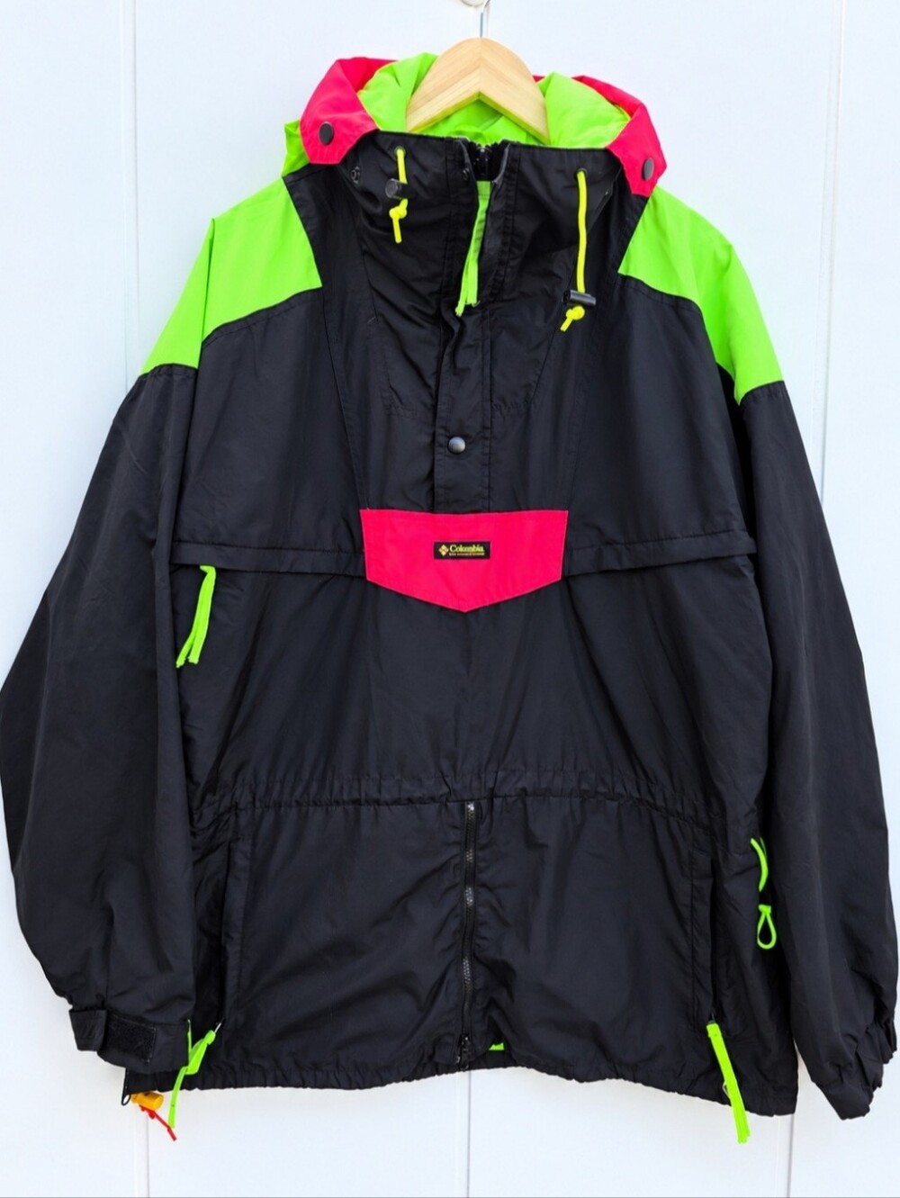 Vintage Columbia Windbreaker Anorak 1/4 Zip Retro Neon Green Pink Jacket Mens